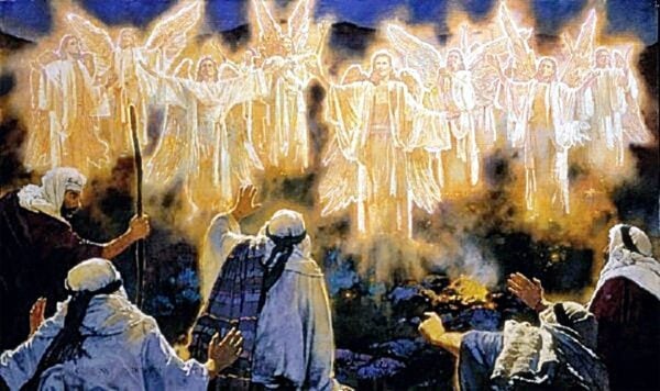 Angels tell shepherds of Jesus in Bethlehem
